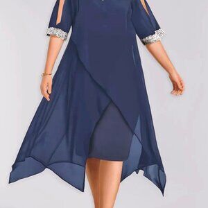 Plus Size Elegant Party Dress, Women's Plus Colorblock Glitter Trim Contrast Mes